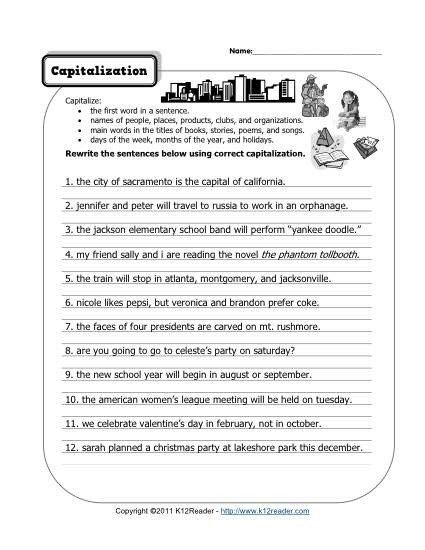 Capitalization Free Printable Punctuation Worksheets Practice K
