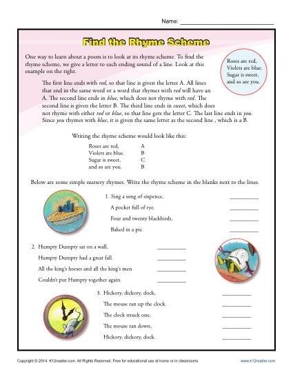 Find The Rhyme Scheme Poetry Worksheets Practice Middle School Th