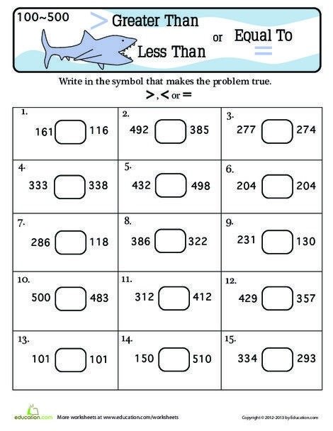 First Grade Math Worksheets Greater Than  Less Than  Equal To