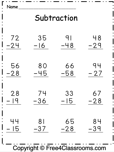 Free Subtraction Worksheets