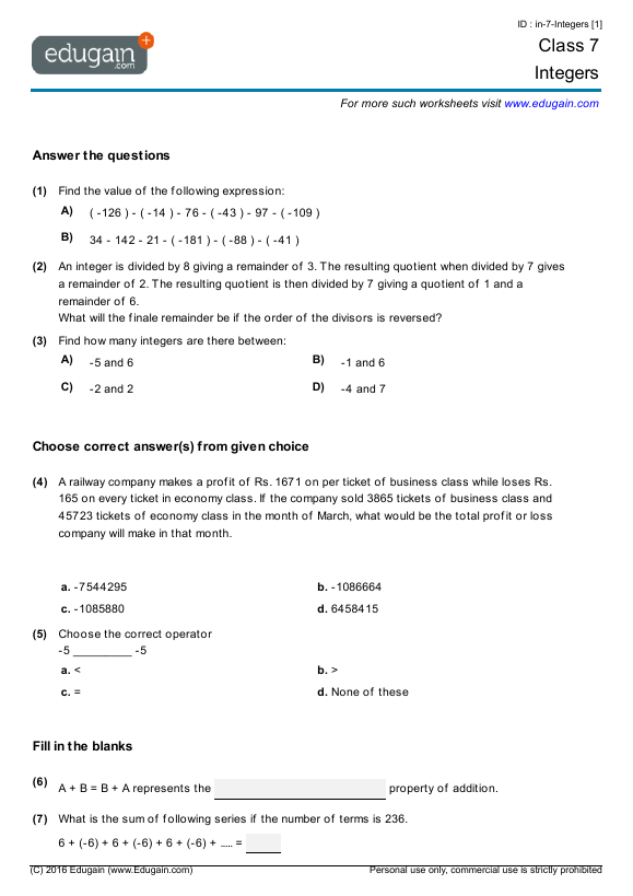 Grade  Math Worksheets And Problems Integers