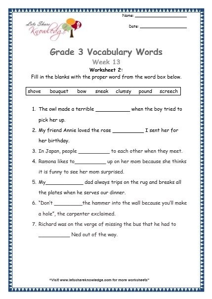 Grade  Vocabulary Worksheets Week