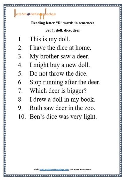 Kindergarten Reading Practice For Letter D Words In Sentences