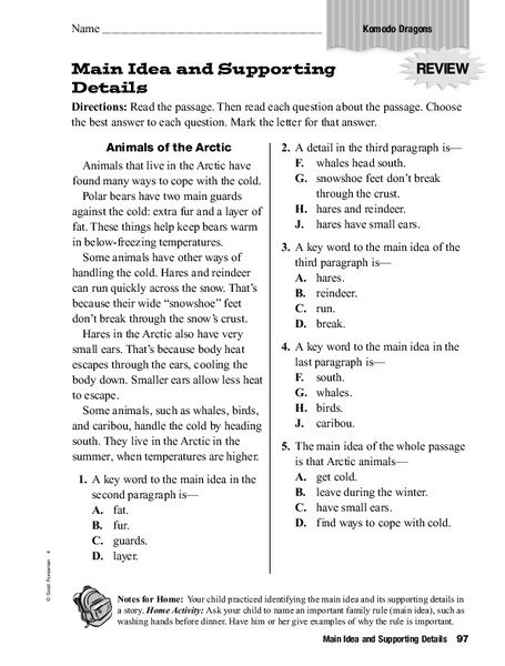 Main Idea And Supporting Details Worksheet For Nd Rd Grade