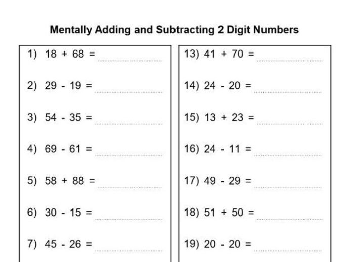 Mentally Adding And Subtracting Digit Numbers Teaching Resources