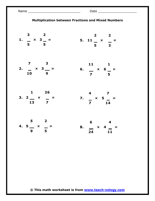 Mixed Number Fractions Multiplication Worksheet