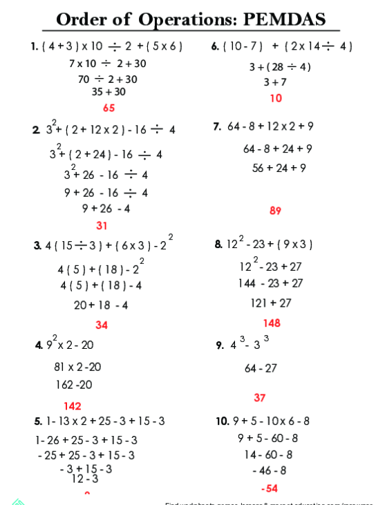 6th Grade Math Worksheet Order Of Operations