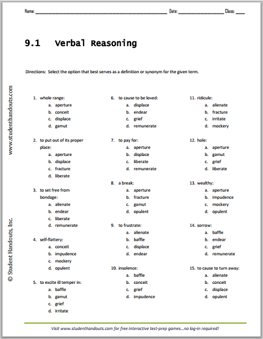 Vocabulary List  Verbal Reasoning Worksheet