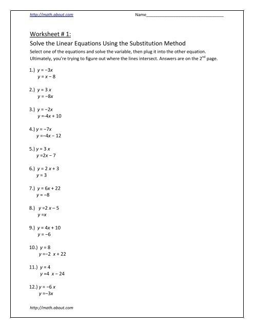 Worksheet   Solve The Linear Equations Using The Substitution