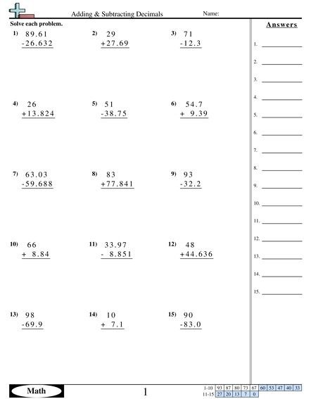 Adding And Subtracting Decimals Worksheets Th Grade