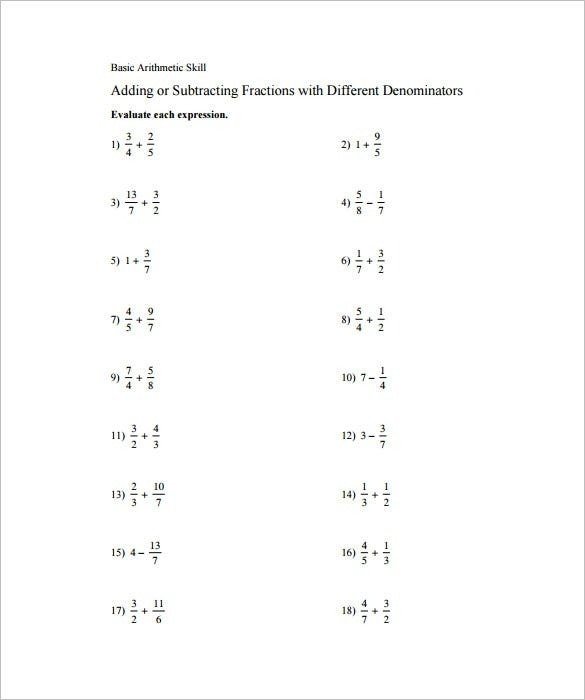 Adding And Subtracting Fractions Worksheets  Free Pdf