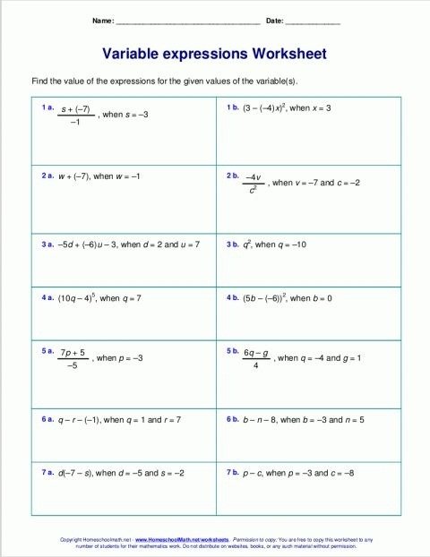 Algebraic Expression Worksheet Grade