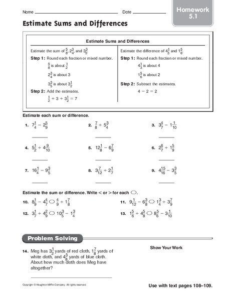 Estimate Sums And Differences Homework Worksheet For Th