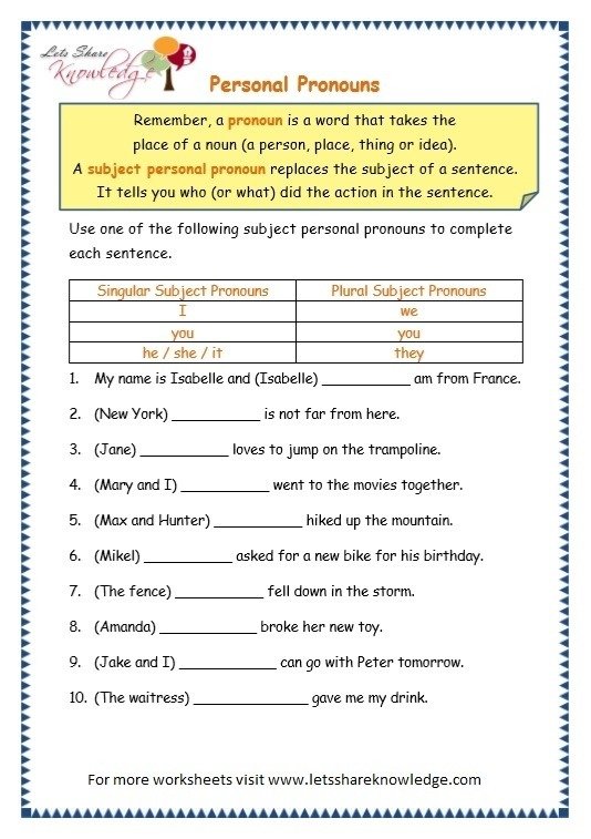 Grade  Grammar Topic  Personal Pronouns Worksheets