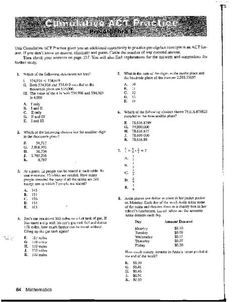 Grade  Math Exam Printable Act English Worksheets English