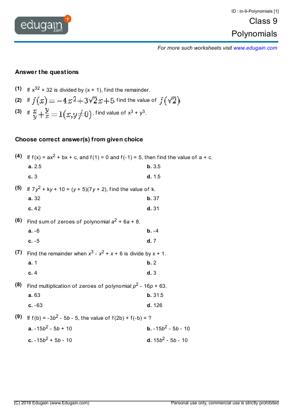 Grade  Math Worksheets And Problems Polynomials