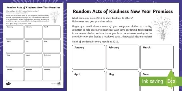 Ks Random Acts Of Kindness New Year Promises Writing Worksheet