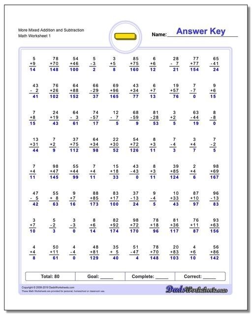 Mixed Addition And Subtraction Free Math Worksheets Adding