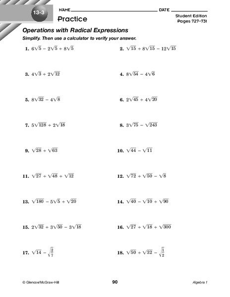 Operations With Radical Expressions Worksheet For Th Grade