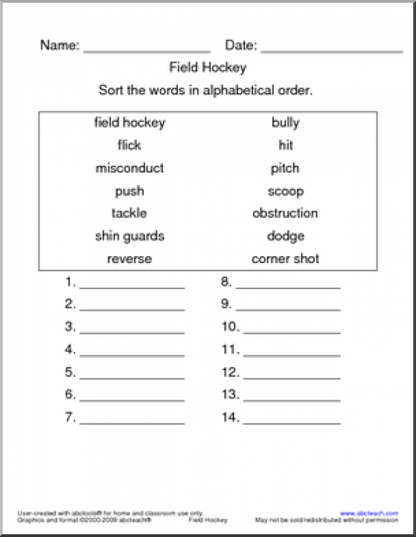 Printable Abc Order Worksheet With Hockey Vocabulary Words