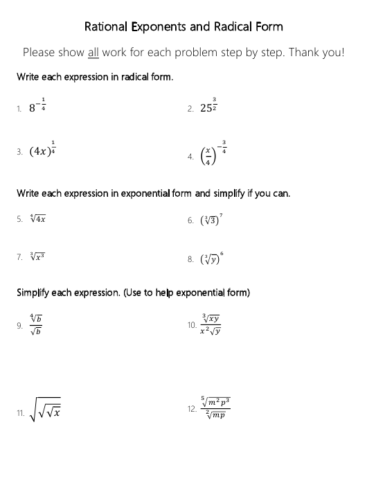 Rational Exponents And Radical Form Worksheet Download Printable