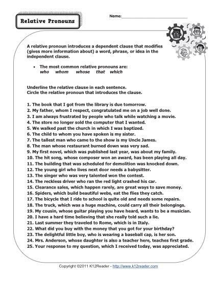 Relative Pronouns 4th Grade Worksheets Worksheets Master