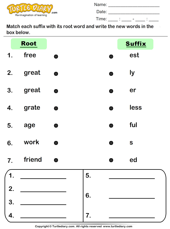 Root Word And Suffix Match Worksheet