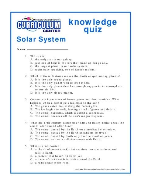 Solar System Worksheet For Rd Th Grade Lesson Planet Worksheets