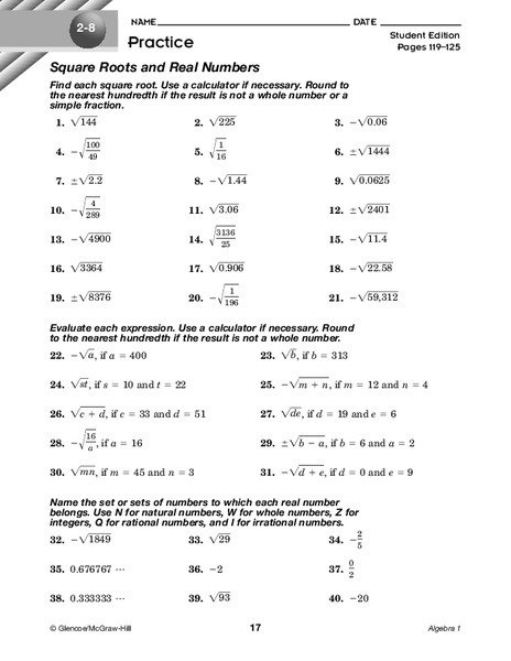 Square Roots And Real Numbers Worksheet For Th Grade