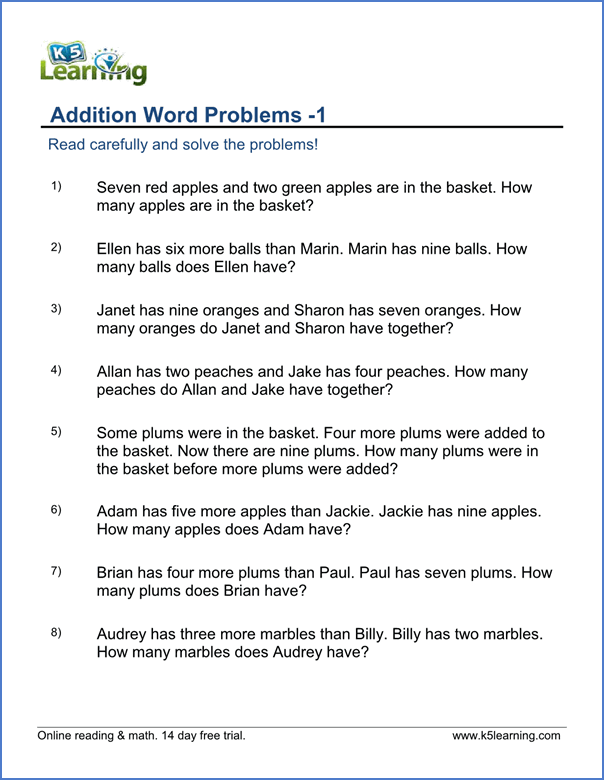 St Grade Word Problem Worksheets