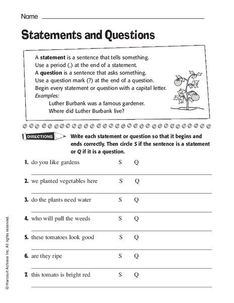 Statements And Questions Worksheet For St