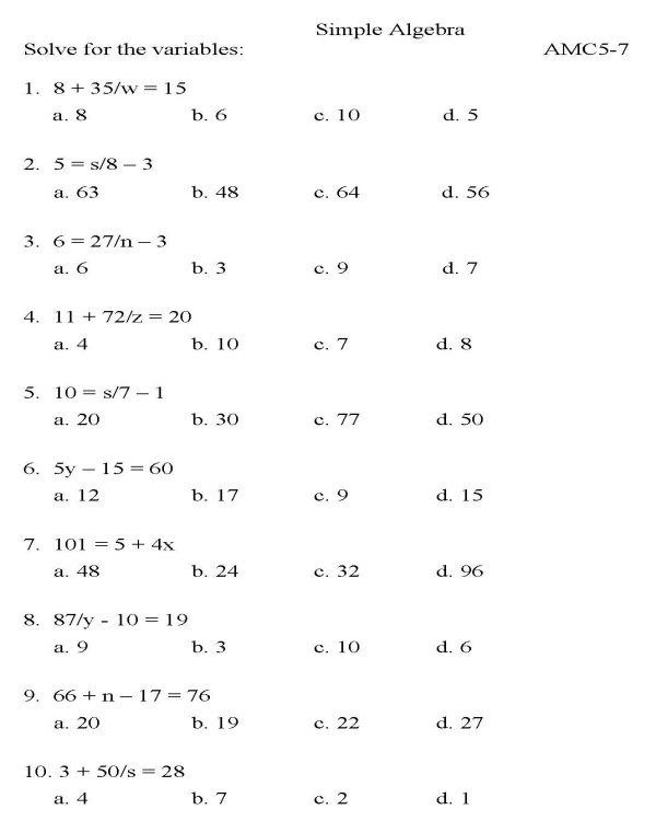 Th Grade Algebra Math Worksheets Printable