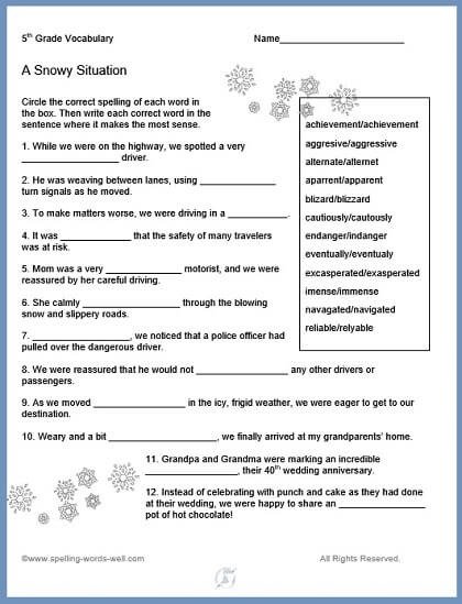 Th Grade Vocabulary Worksheets Nd Snowy Th Math Practice Color