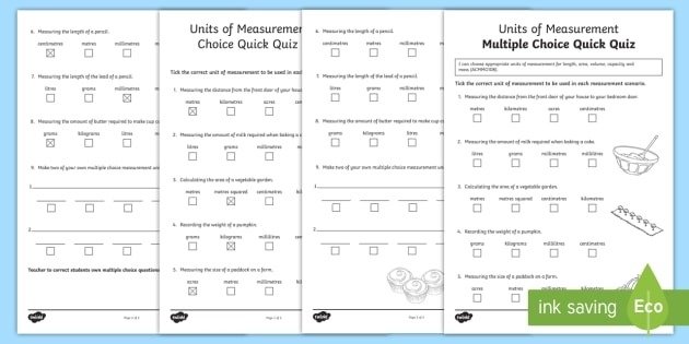 Units Of Measurement Multiple Choice Quick Quiz Worksheet  Worksheet