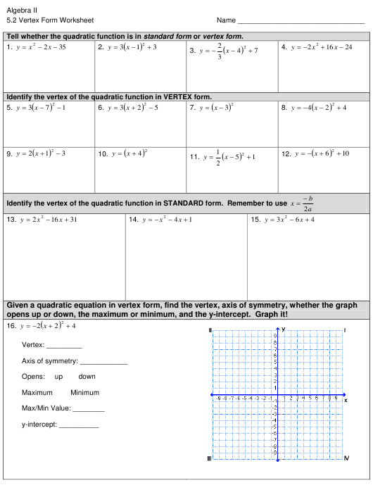 Vertex Form Worksheet