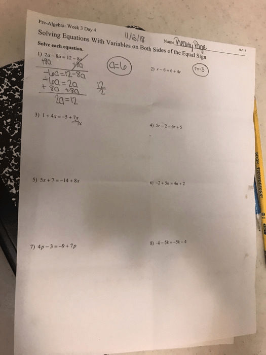 algebra 1 solving equations with variables on both sides