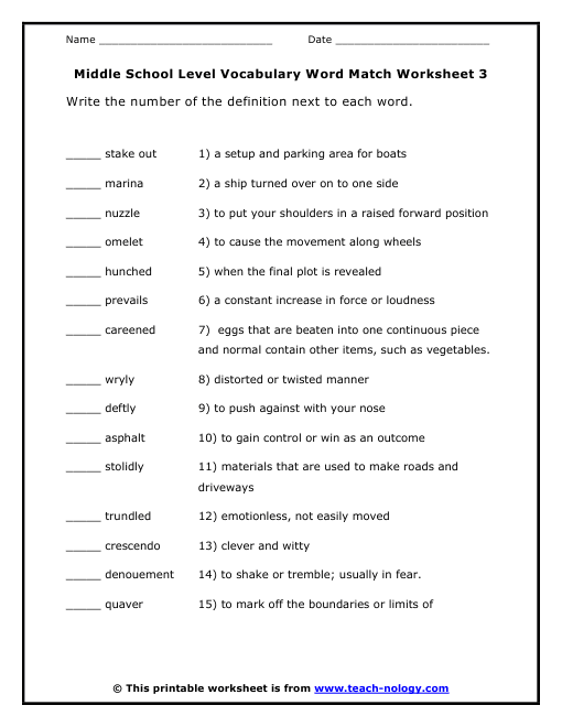 Free Printable Vocabulary Worksheets For Middle School