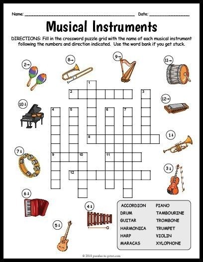 Free Printable Musical Instruments Crossword