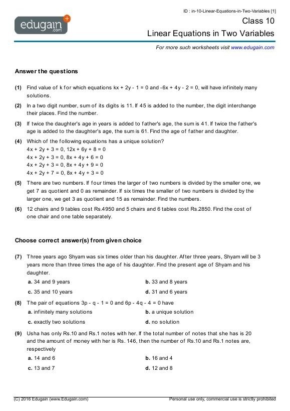 Linear Equations In Two Variables Class  Worksheet In
