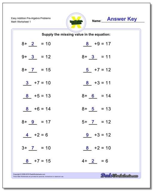 Math Worksheets Th Grade Prealgebra Addition Problems One V