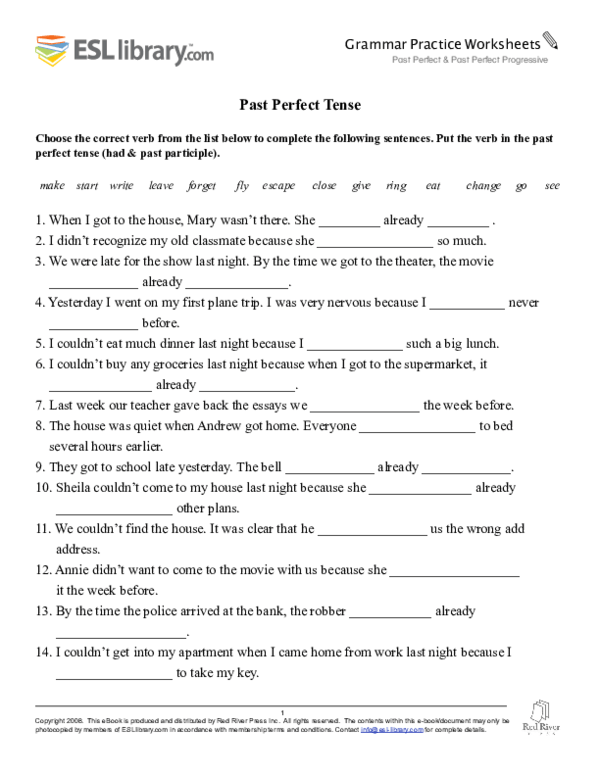 Pdf Past Perfect Tense Grammar Practice Worksheets Past Perfect