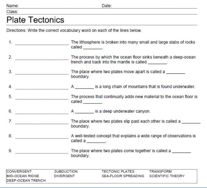 Plate Tectonics Vocab Interactive Worksheet Science Worksheets