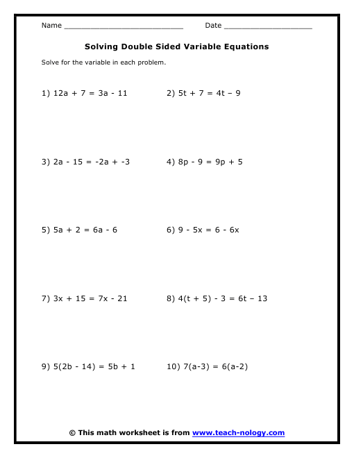 Solving Equations With  Variables Worksheet