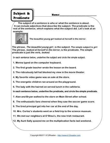 Subject And Predicate Worksheets Free Simple Money Activities For