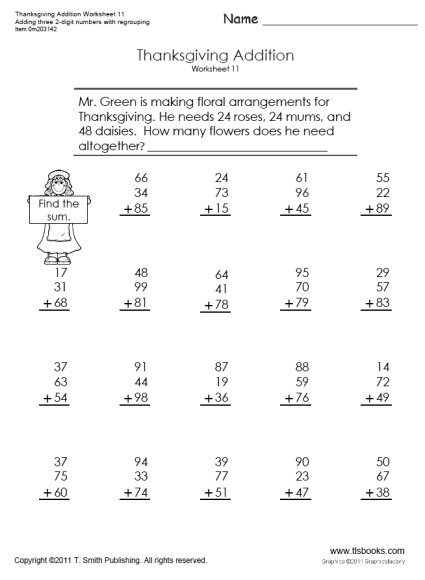 Thanksgiving Addition Worksheet Tlsbooks Free Math Worksheets For