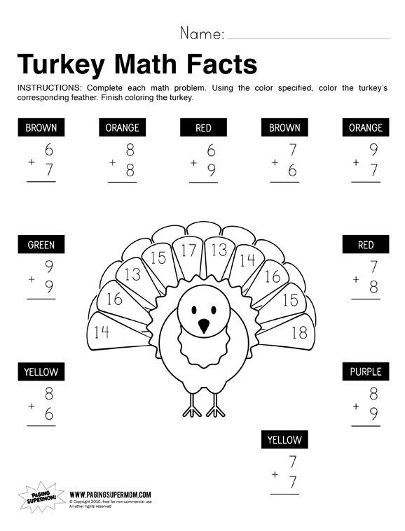 Thanksgiving Turkey Math Facts Worksheet