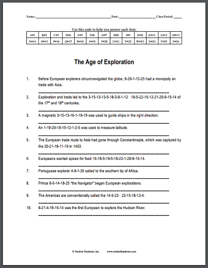 The Age Of Exploration Code Puzzle Worksheet