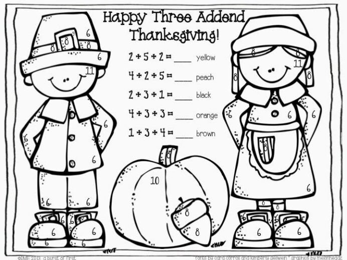 Three Addend Color By Number Free Thanksgiving Math Worksheets For