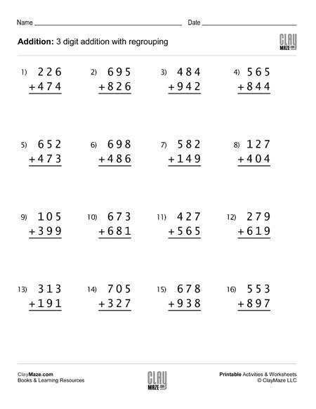 Three Digit Addition With Regrouping Worksheets Worksheets