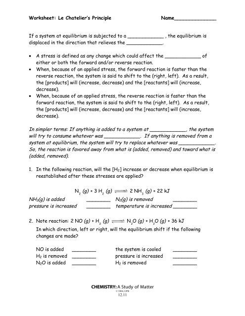 Worksheet Le Chateliers Principle Name